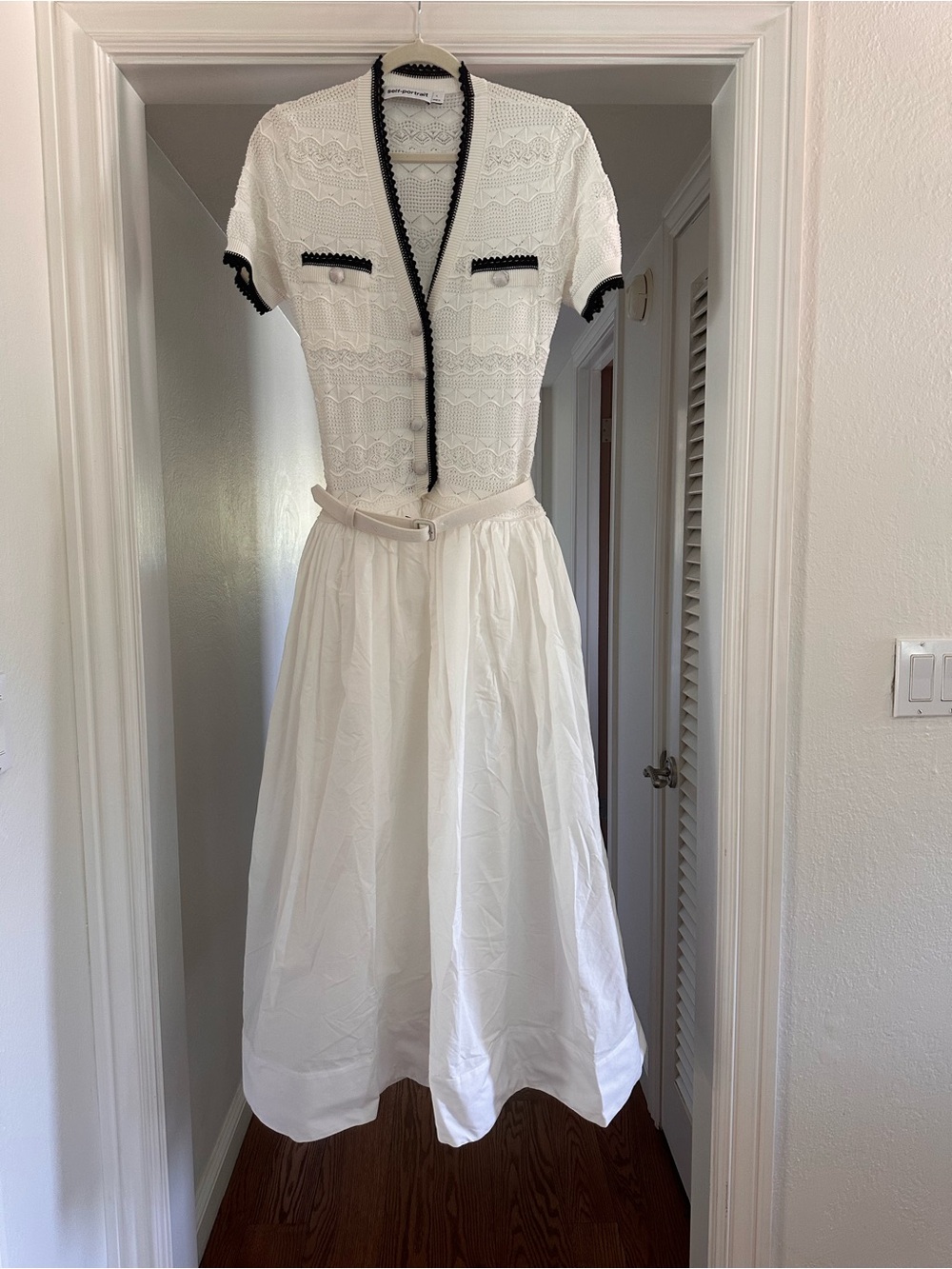 NWOT Self-Portrait White Knit Belted Midi Dress, Large